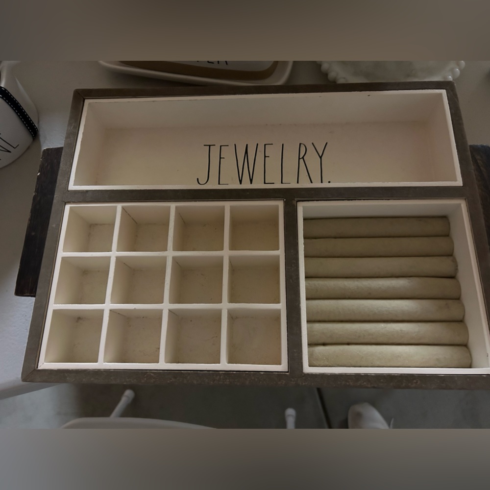 Rae Dunn jewelry drawer organization, wood.